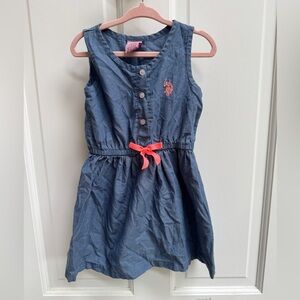 U.S. Polo Assn. 2T Girls Denim Blue Sleeveless Dress with Pink Bow